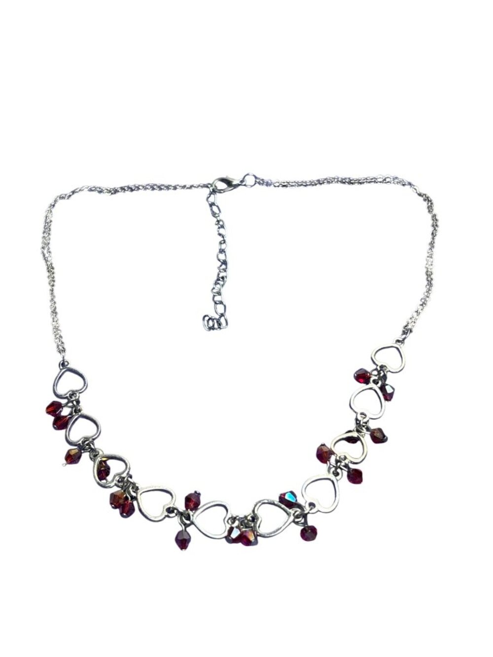 Silvertone  Multi-heart Charm Collar Necklace Red Bead Accents 17 - 20 Inches
